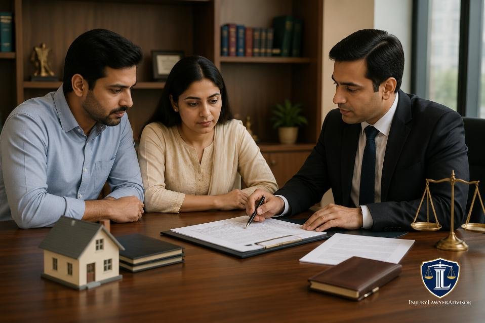 Indian couple reviewing jointly purchased property documents with a lawyer to verify ownership and legal rights.
