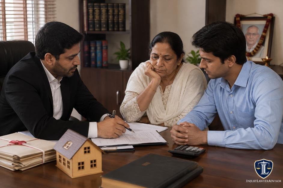 Indian widow consulting a lawyer about calculating her inheritance share in her husband’s property after his death.