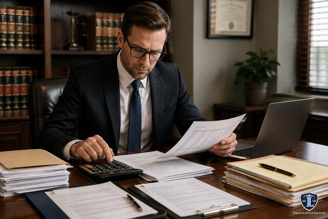 Lawyer calculating a legal demand amount while reviewing financial records and case documents.