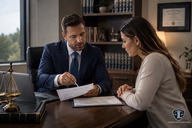 Lawyer reviewing a recipient’s response letter with a client during a legal consultation.