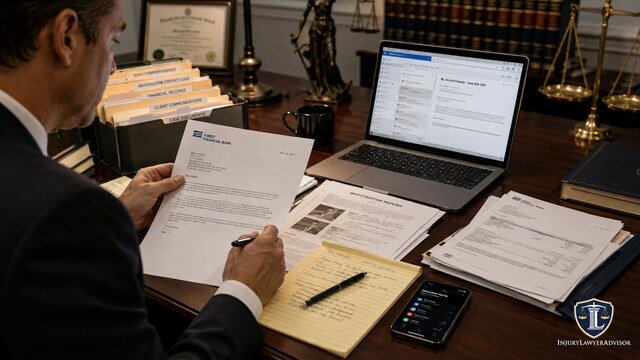 Lawyer reviewing bank correspondence, investigator reports, financial records, and communication logs during a legal case review.