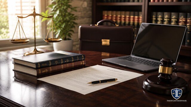 Lawyer’s desk with legal documents, scales of justice, law books, laptop, and gavel.