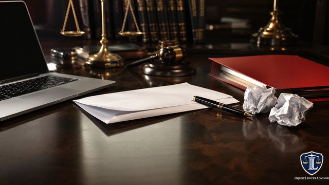 Law office desk with a folded letter, pen, crumpled papers, laptop, scales of justice, and legal books.