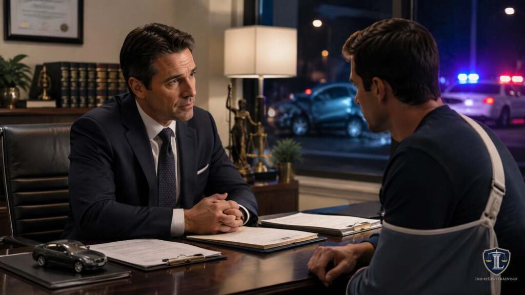Drunk driver accident lawyer consulting an injured car accident victim