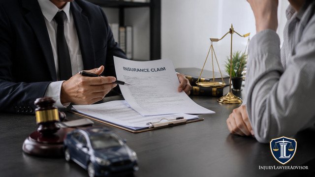 Insurance professional discussing a disputed UIM claim with a client at a legal consultation desk.