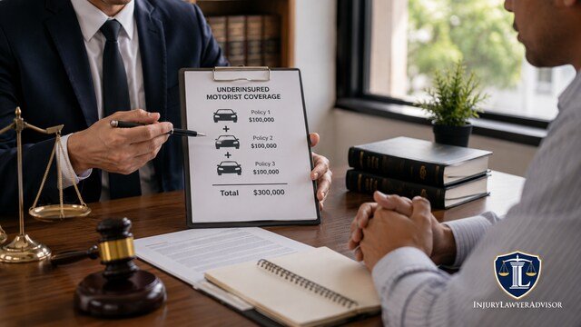 Attorney explaining UIM coverage stacking to a client during an underinsured motorist claim consultation.
