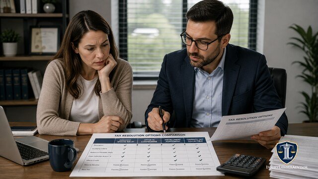 Taxpayer comparing Innocent Spouse Relief with other IRS tax resolution options during a professional consultation.