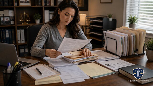 Person organizing legal documents and supporting evidence before a consultation with an attorney.