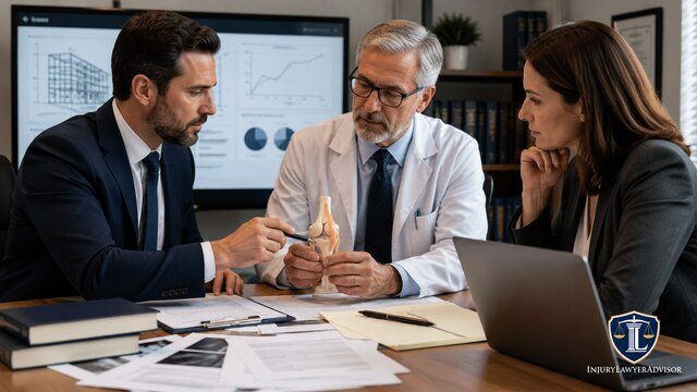 Attorney consulting with an expert witness to review specialized evidence for a legal case.