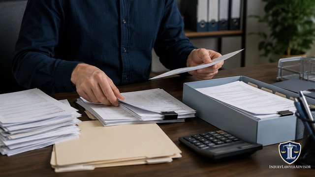 Person organizing supporting documents for a legal or tax relief request.