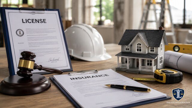 Licensing and insurance documents with a judge's gavel, model house, and construction tools representing contractor legal compliance.