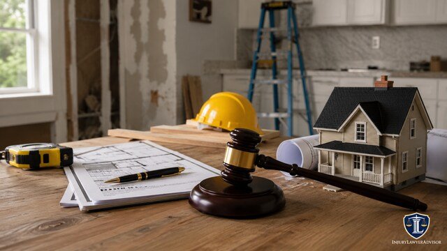 Home improvement lawsuit concept showing a judge's gavel, renovation plans, model house, and construction tools.