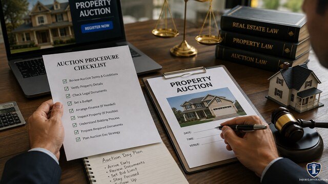 Person preparing for a property auction with legal documents, house model, auction checklist, and gavel on a desk