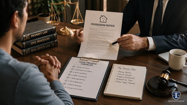 Person consulting a lawyer after receiving a possession notice with legal documents, checklist, and gavel on a desk
