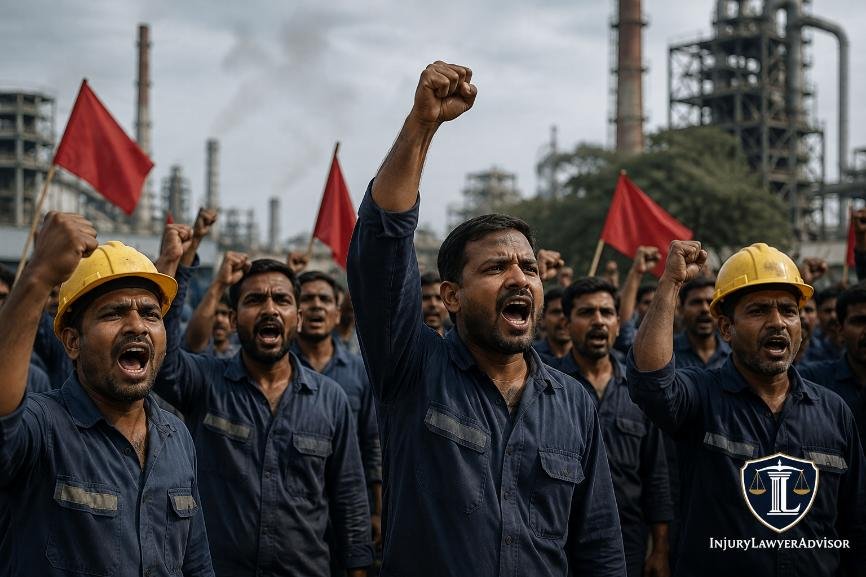 Strike Under the Industrial Disputes Act: Meaning, Legal Provisions, Types, Procedure and Consequences Industrial workers participating in a lawful strike outside a factory under the Industrial Disputes Act.