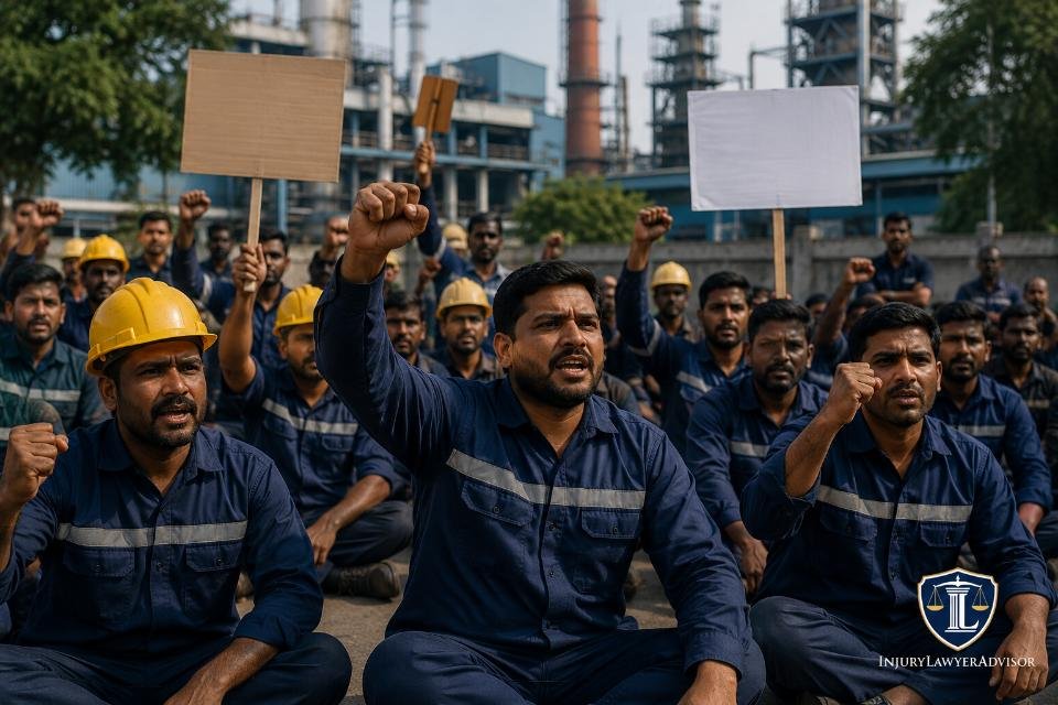 Industrial workers participating in a peaceful strike outside a factory, illustrating employees' rights during a lawful labor protest.