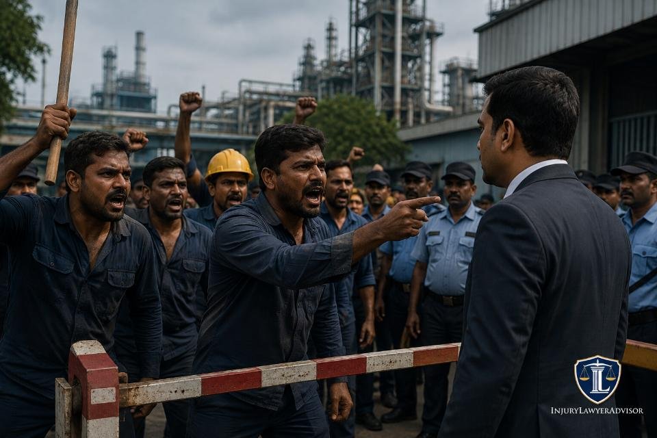 Industrial workers confronting management outside a factory, illustrating the legal consequences of an illegal strike.