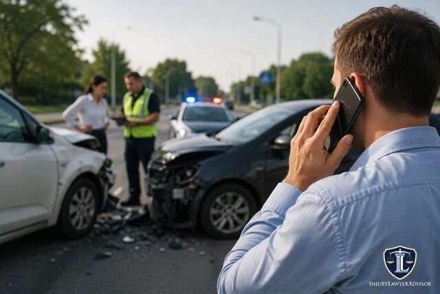 Negligence and liability in a texting while driving accident case with damaged vehicles and police at the crash scene.