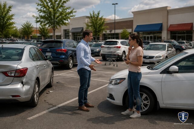 Parking lot accident involving two damaged cars as drivers discuss the crash.