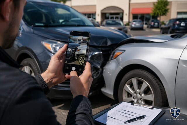 Driver photographing vehicle damage as evidence after a parking lot accident.
