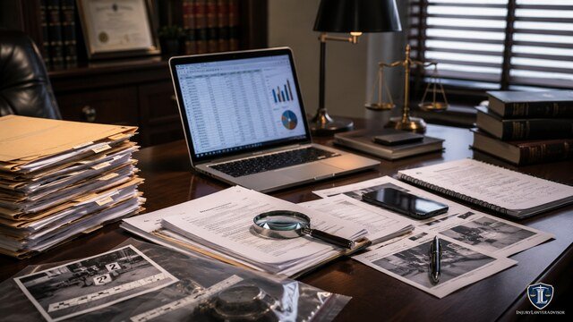 Legal investigation workspace reviewing evidence to identify possible criminal and civil exposure.