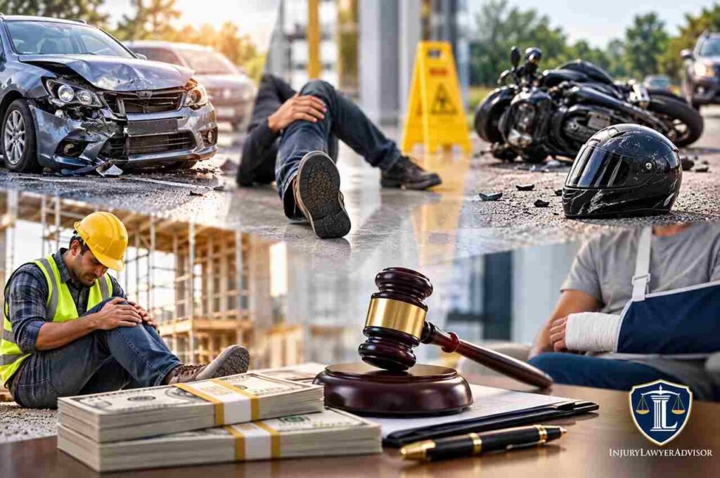 Accident claims and payouts with car crash, legal gavel, medical equipment, and compensation money