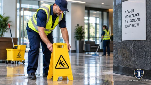 Employer placing a wet floor warning sign to reduce slip and fall risks at work.