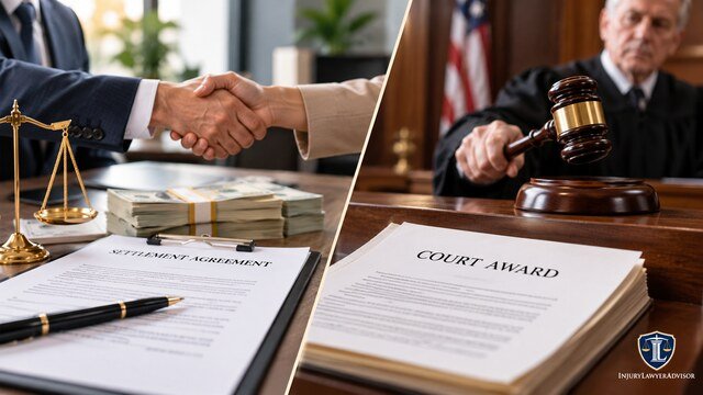 Settlement payout vs. court award with legal documents, cash, handshake, judge, gavel, and scales of justice.