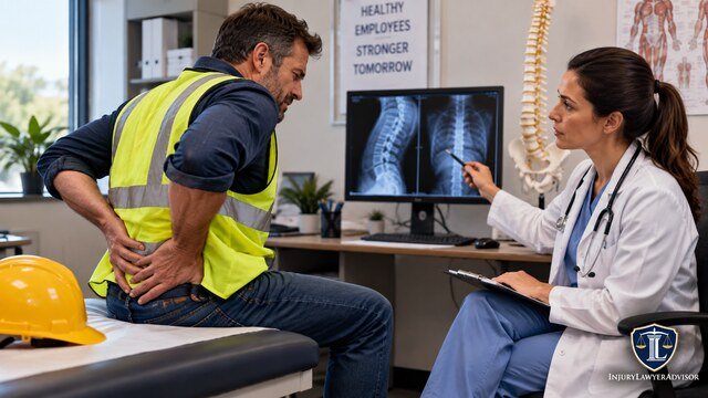 Worker with a pre-existing back injury discussing spinal X-rays with a doctor.
