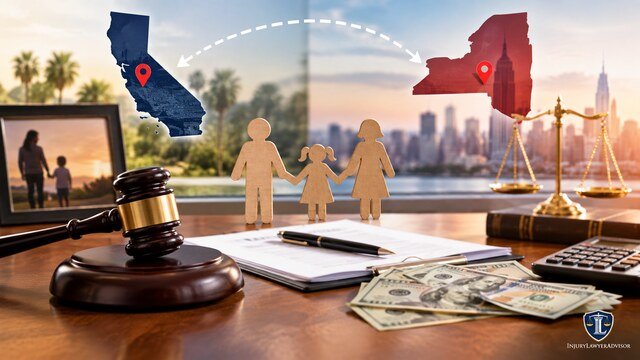 Child support when parents live in different states with legal documents, U.S. map, gavel, and family photo.