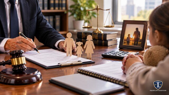Establishing a child support order with legal documents, gavel, scales of justice, calculator, and family figures.