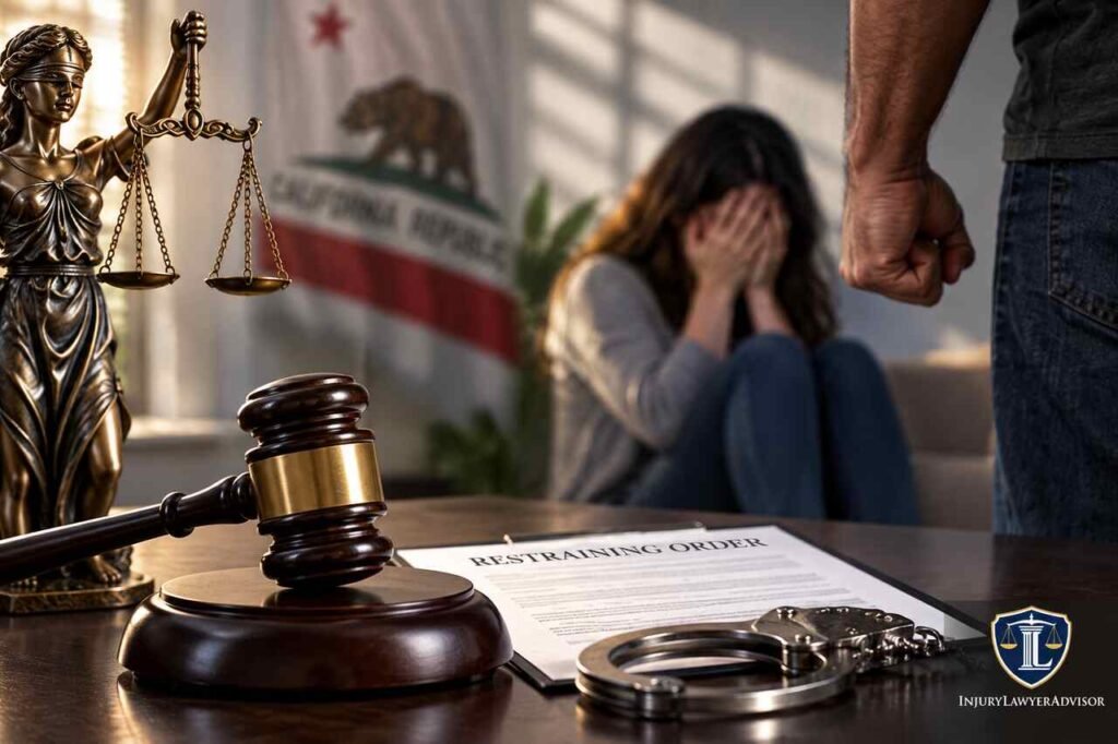 California domestic violence laws with gavel, Lady Justice, and domestic abuse scene