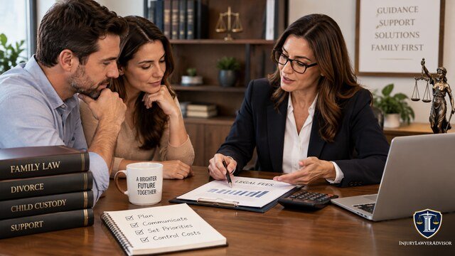 Family lawyer discussing legal fees and cost-saving strategies with clients.