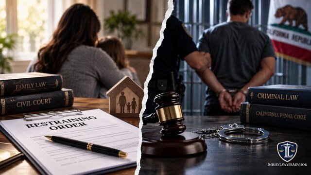 Civil and criminal domestic violence cases shown with restraining order, gavel, handcuffs, and California law books.