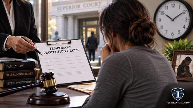 Woman seeking a temporary protection order with legal documents, gavel, and courthouse in the background.