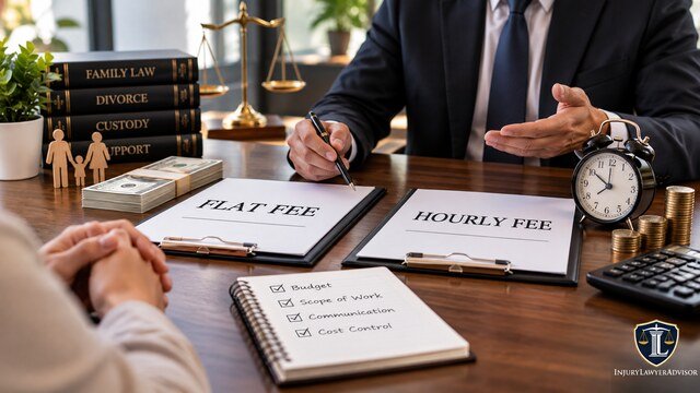 Lawyer comparing flat fees vs hourly fees with a client
