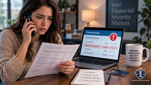 Woman reporting an unauthorized bank transaction while reviewing suspicious account activity on her laptop.