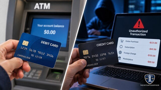 Debit card fraud at an ATM compared with credit card fraud involving unauthorized online transactions.