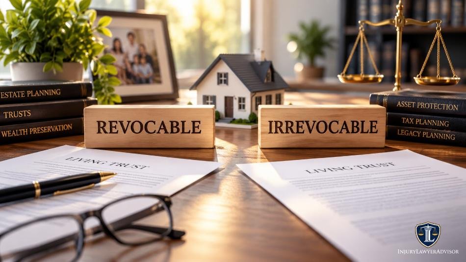 Revocable vs. irrevocable living trusts with estate planning documents and a model home.