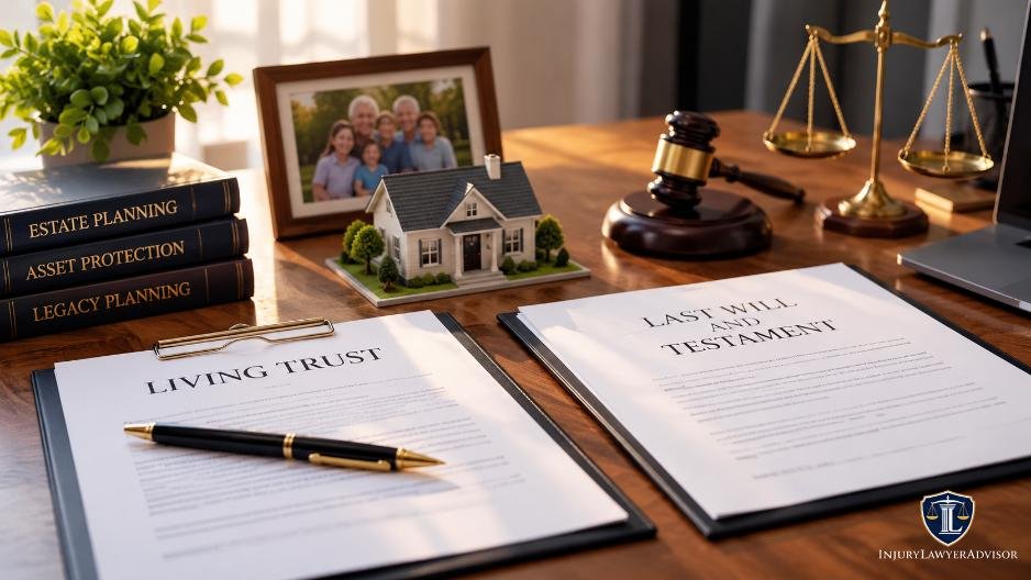 Living trust and last will documents displayed with estate planning and legal symbols.
