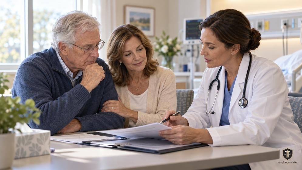 Doctor discussing living will, DNR, and POLST documents with an older couple.
