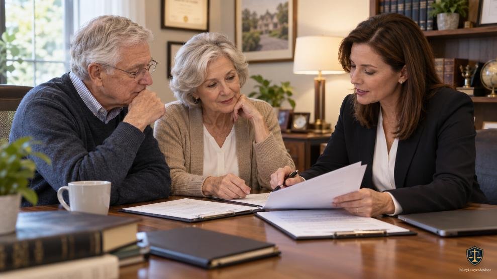 Older couple reviewing living will and health care power of attorney documents with a legal advisor.