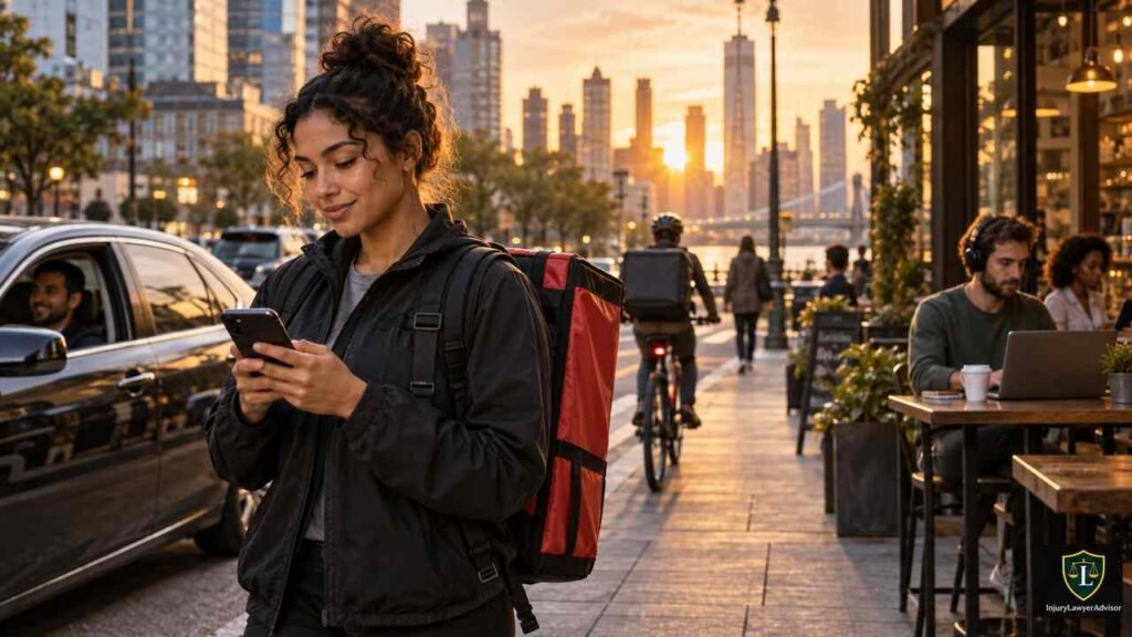 Gig workers including a rideshare driver, delivery worker, freelancer, and courier