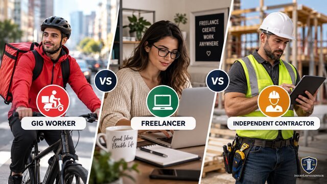 Gig worker, freelancer, and independent contractor shown in different work settings.