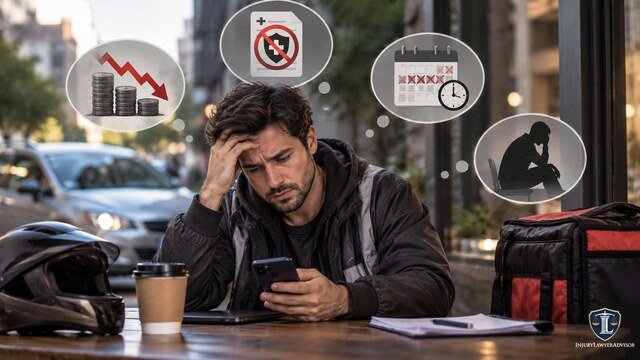 Stressed gig worker reviewing his phone with symbols of unstable income, limited benefits, irregular hours, and burnout.