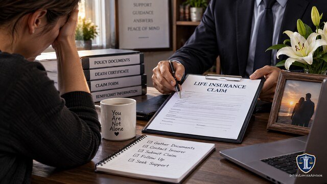 Beneficiary reviewing a suicide-related life insurance claim with an insurance or legal advisor.