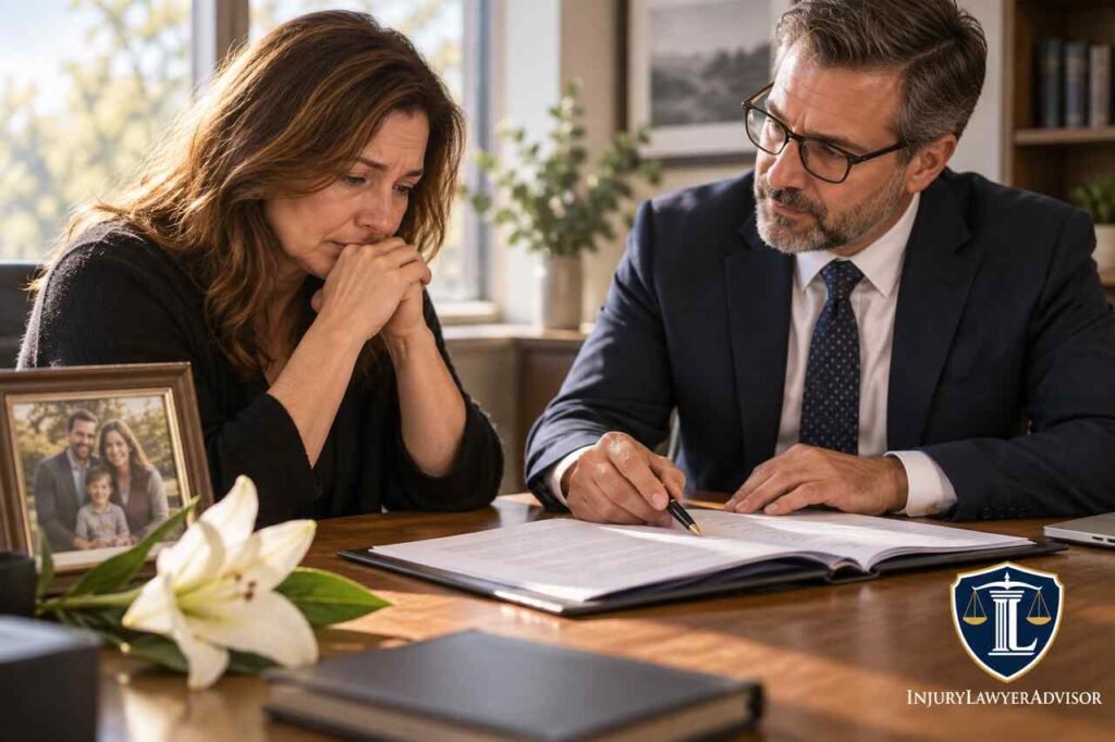 Grieving woman reviewing life insurance documents with an advisor beside a family photograph and white lily.