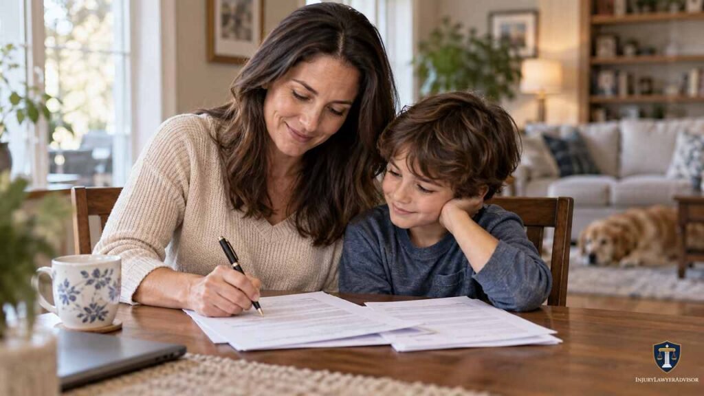 Guardian completing paperwork with a child at home