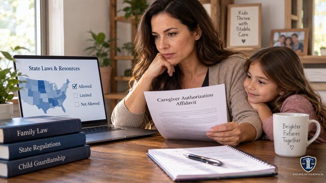 Woman reviewing a caregiver authorization affidavit with a child at home.