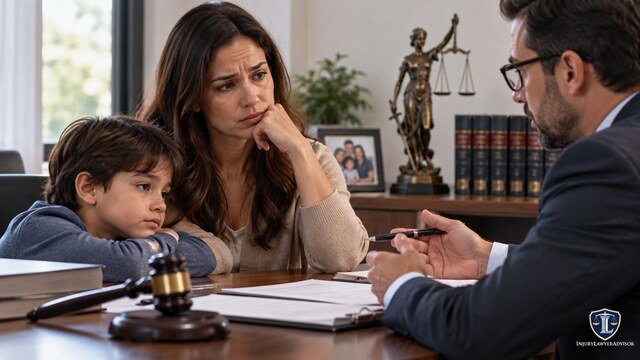 Mother and child meeting with a lawyer about a guardianship arrangement.